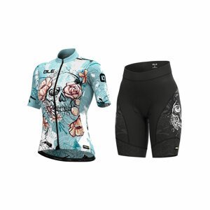 ALÉ Cyklistický krátky dres a krátke nohavice - SKULL LADY - čierna/svetlo modrá