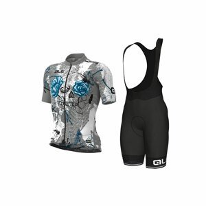 ALÉ Cyklistický krátky dres a krátke nohavice - SKULL - čierna/biela/šedá/svetlo modrá