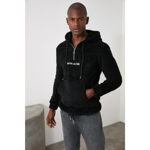 Trendyol Black Men Regular Fit Long Sleeve Zippered Velvet Kangaroo Pocket Hooded Sweatshirt