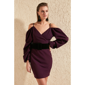 Trendyol Purple Velvet Belt Detailed Dress