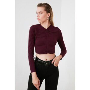 Trendyol Plum Shirring Detail Fitted/Simple Crop, Stretchy Knitted Blouse