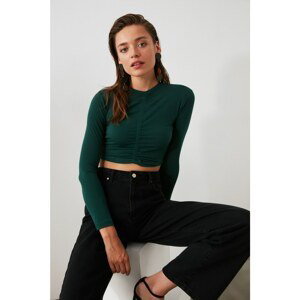 Trendyol Green Pleated Crop Knitted Blouse
