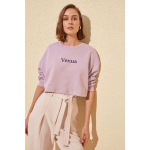 Trendyol Lilac Embroidered Crop Knitted Slim Sweatshirt