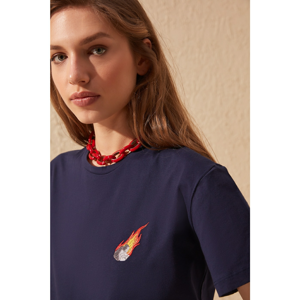 Trendyol Navy Embroidered Semi-Fitted Knitted T-Shirt