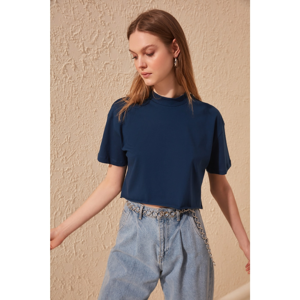 Trendyol Navy Blue High Collar Crop Knitted T-Shirt