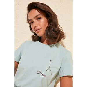 Trendyol Mint Crab Zodiac Embroidered Basic Knitted T-Shirt