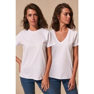 Trendyol White 100% Cotton V-Neck and Crew Neck 2-Pack Knitted T-Shirt