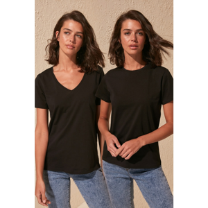 Trendyol Black Single Jersey V-Neck and Crew Neck 2-Pack Basic Knitted T-Shirt