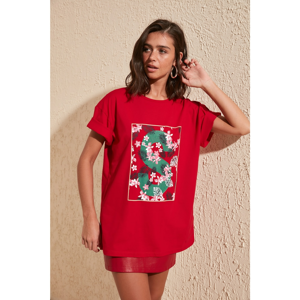 Trendyol Red Printed Boyfriend Knitted T-Shirt