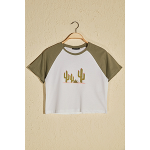 Trendyol White Embroidered Crop Knitted T-Shirt