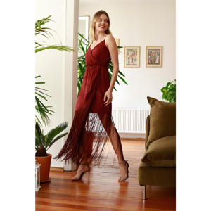 Trendyol Burgundy Tassel Detailed Jacquard Satin Dress