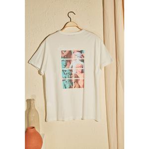 Trendyol Ekru Back Printed Boyfriend Knitted T-Shirt