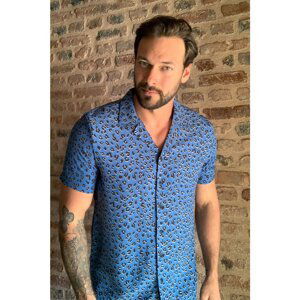 Trendyol Blue Male Leopard Short Sleeve Appliqué Collar Shirt