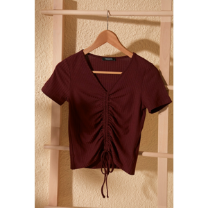 Trendyol Burgundy V Neck Shrinking Knitted Blouse