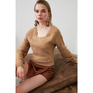 Trendyol Camel Mesh Detailed Square Collar Knit Sweater