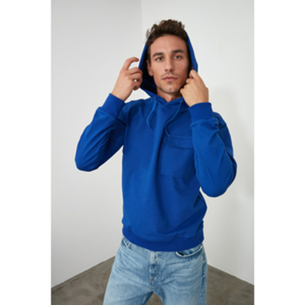 Trendyol Blue Men Pocket Detailed Hooded Sweatshirt