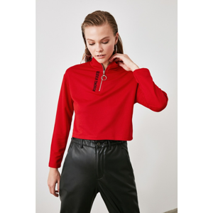 Trendyol Red Printed Zipper Crop Knitted Sweatshirt