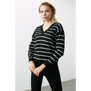 Trendyol Black Striped V Collar Knit Sweater