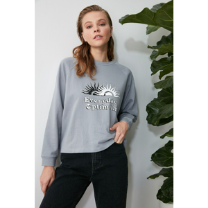 Trendyol Grey Printed 100% Organic Cotton Basic Reglan Sleeve Knitting Sweatshirt
