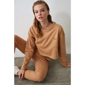 Trendyol Camel Pocket Detail 100% Organic Cotton Crop Knitted Sweatshirt