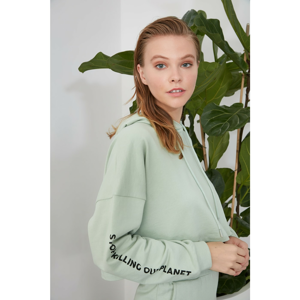 Trendyol Mint Printed and Hooded 100% Organic Cotton Crop Knitted Sweatshirt