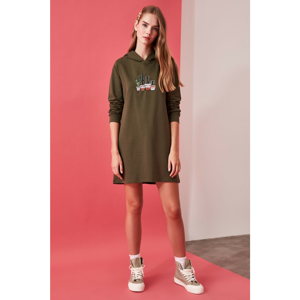 Trendyol Khaki Embroidered Hooded Knitted Sweat Dress