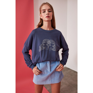 Trendyol Blue Printed Oversize Knitted Sweatshirt