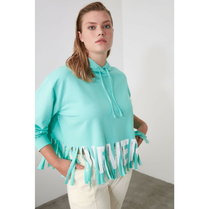 Trendyol Mint Printed Tassel Detailed Oversize Hooded Knitted Sweatshirt