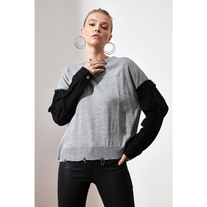 Trendyol Grey Sleevedenim Detailed Knitwear Sweater
