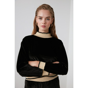 Trendyol Black Ribbon Detailing Sheer Neckline Velvet Knitted Blouse