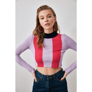 Trendyol Lila Color Blocked Sheer Collar Knitwear Sweater