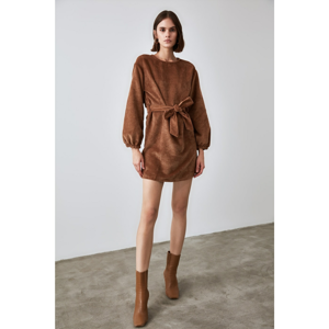 Trendyol Brown BeltEd Suppository Velvet Dress