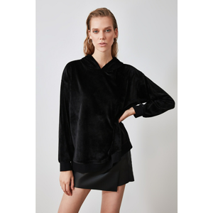 Trendyol Black Velvet Basic Hooded Knitted Sweatshirt