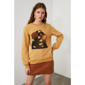 Trendyol Camel Printed Basic Knitted Sweatshirt