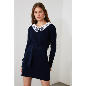 Trendyol Belted Knitwear Dress with Navy Woven Neckline Detailing