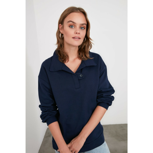 Trendyol Navy Polo Collar Button Detailed Basic Knitted Sweatshirt