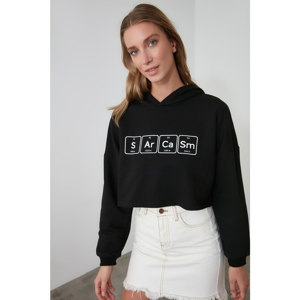 Trendyol Black Printed Hooded Crop Knitted Sweatshirt