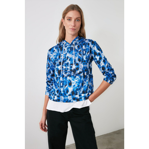 Trendyol Blue Printed Hooded Knitted Sweatshirt