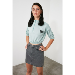 Trendyol Mint Zip Printed Crop Knitted Sweatshirt