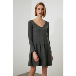 Trendyol Anthracite V-Neck Knitted Dress