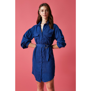 Trendyol Indigo Velvet Belt Dress