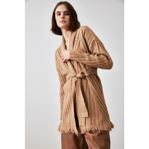 Trendyol Camel Tasseled and Binding Detailed Knitwear Cardigan