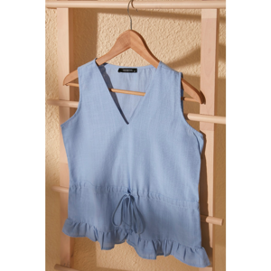 Trendyol Blue Tie Detailed V-Neck Blouse