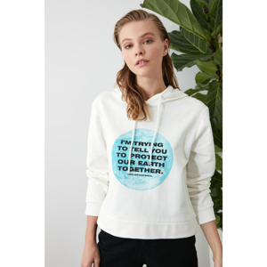 Trendyol Ekru Printed 100% Organic Cotton Basic Hooded Knitted Sweatshirt