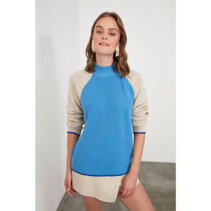 Trendyol Blue Blocked Sheer Collar Knitwear Sweater