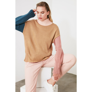 Trendyol Camel Upright Collar Color Block Knitwear Sweater