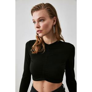 Trendyol Black Pleated Crop Knitted Blouse