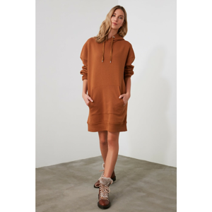 Trendyol Cinnamon Long Oversize Back Printed Knitted Dress
