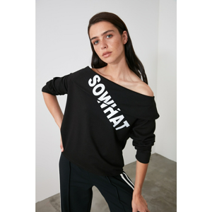 Trendyol Black Printed Carmen Collar Knitted Sweatshirt