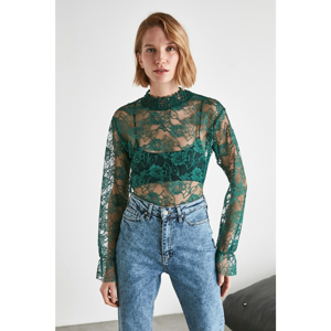 Trendyol Emerald Green Lacy Sheer Neckline Knitted Blouse